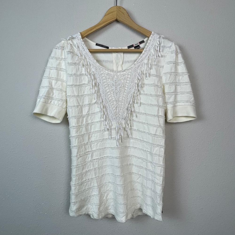 Maison Scotch Lace Bib Textured Stripe Top Womens 2 Cream Excellent Boho Crochet